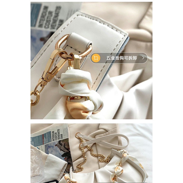 Túi xách nữ -  - Túi kẹp nách trắng xếp ly xích voan lụa họa tiết trái tim vàng