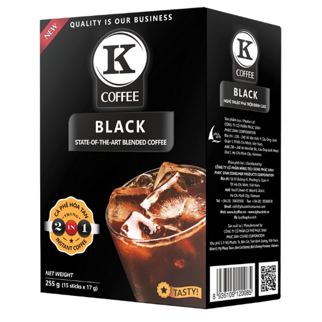 Cà Phê Hòa Tan K Coffee Black 2in1 (255g / Hộp), Cà Phê Phúc Sinh