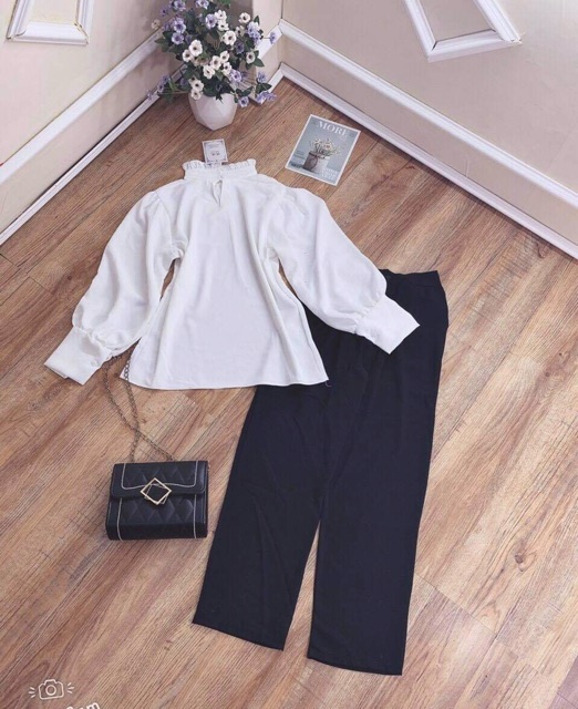 Set bộ áo sơ mi cổ bèo 3cm tay bồng + quần baggy