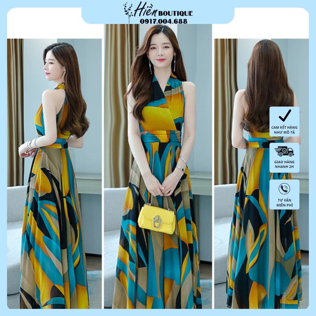 Đầm Maxi Dáng Dài - Váy Dự Tiệc Body Cổ Chéo Dạng V Họa Tiết Sang Trọng Cao Cấp Quảng Châu