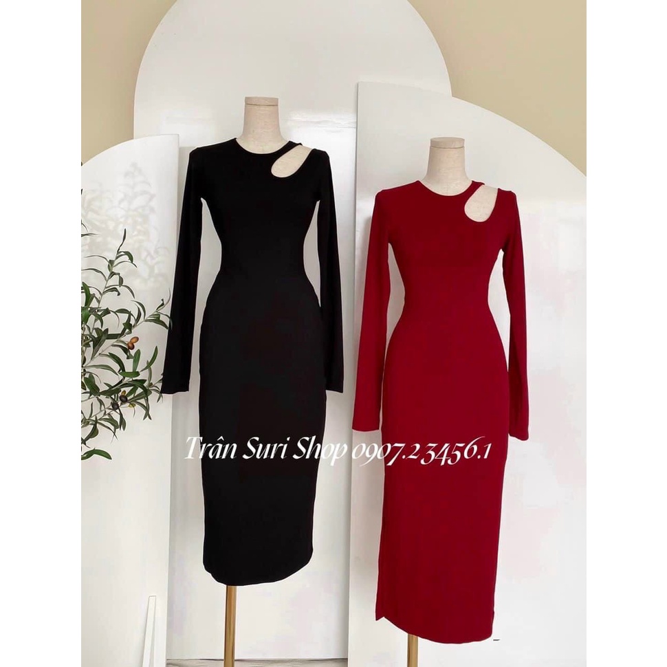 Đầm tay dài khoét xéo vai chất gân đẹp body đẹp dáng dài k