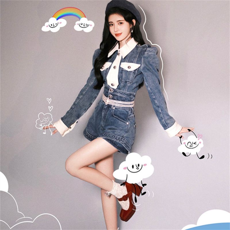 ẢNH THẬT Set Jeans denim Cúc Tịnh Y Sơ Mi Jeans Kèm Quần Short