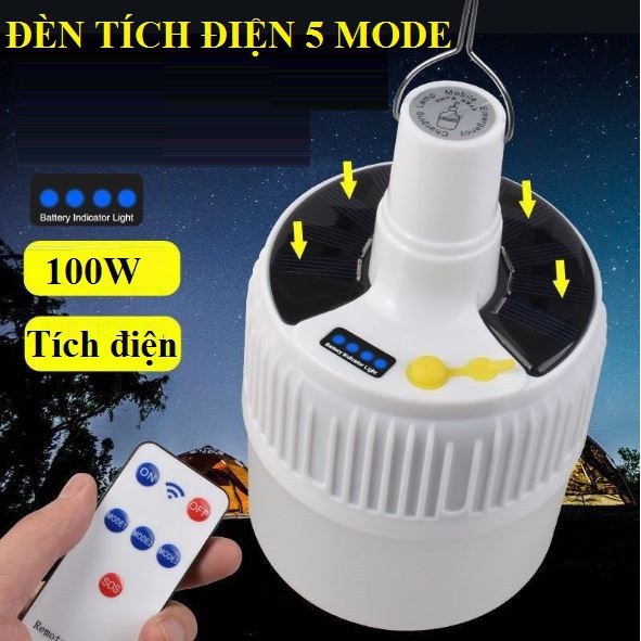 Bóng Đèn Tích Điện năng lượng mặt trời 100w có móc treo kèm củ sạc rời