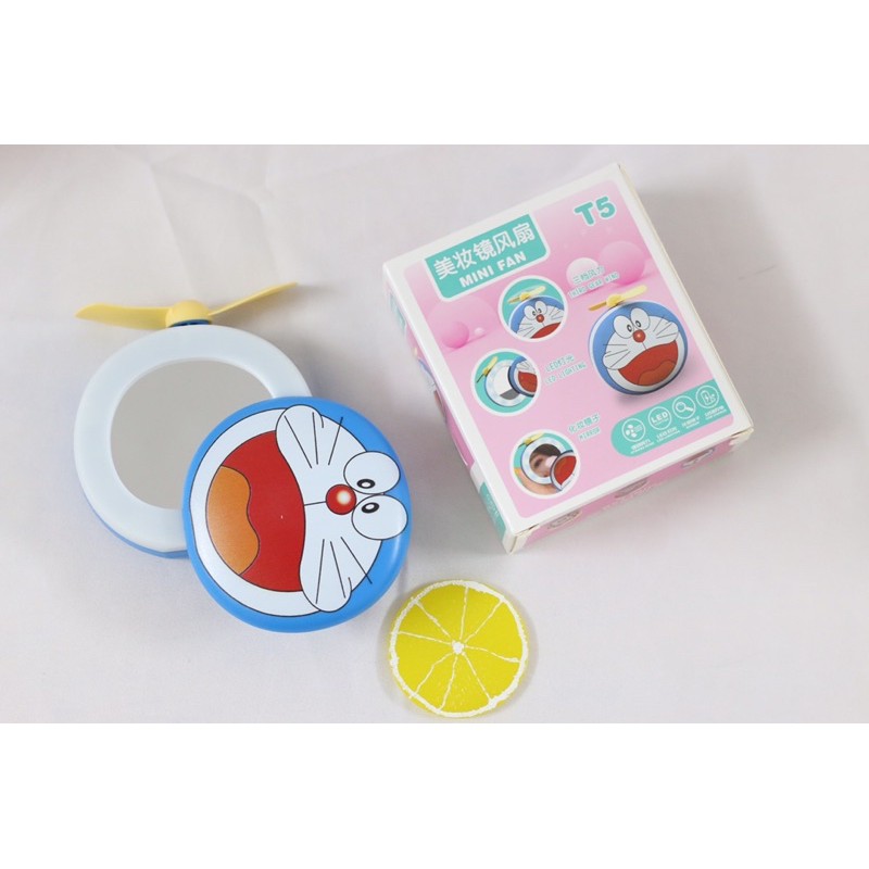 Quạt Sạc Dễ Thương Kèm Gương Có Đèn LED Doremon Doraemon