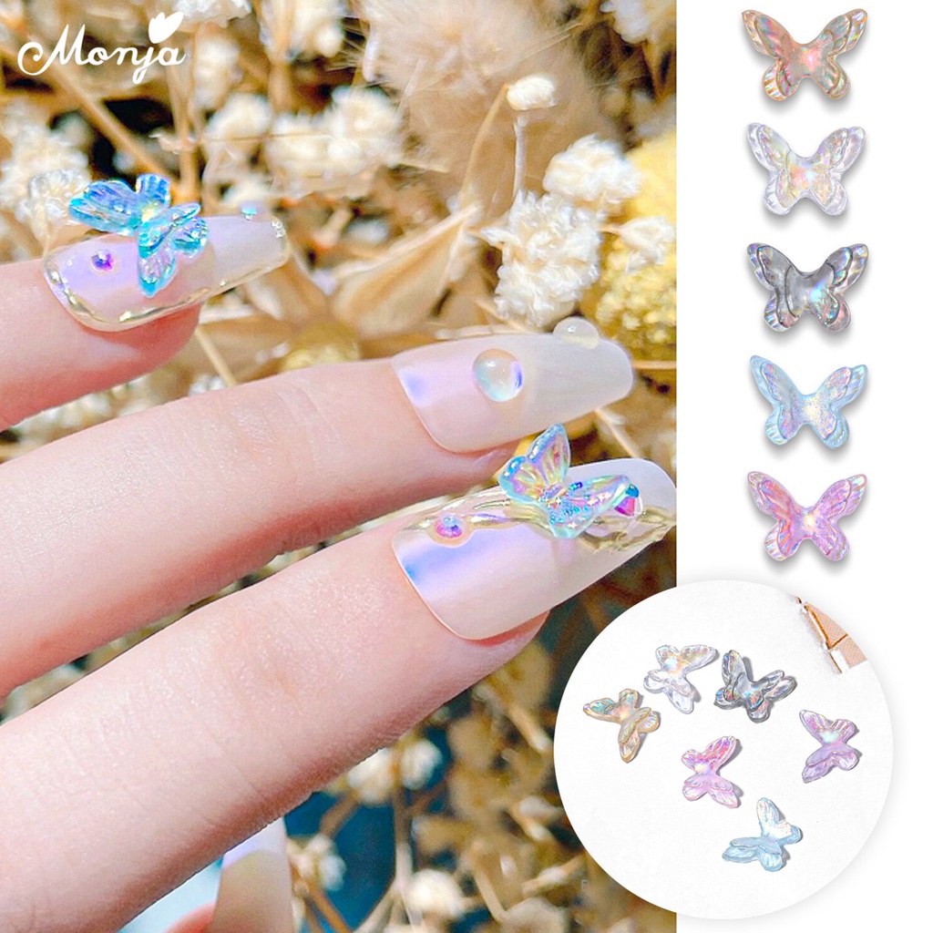 Set 5 phụ kiện dán trang trí móng tay nghệ thuật MONJA kiểu dáng bươm bướm 3D nhiều màu sắc thời trang