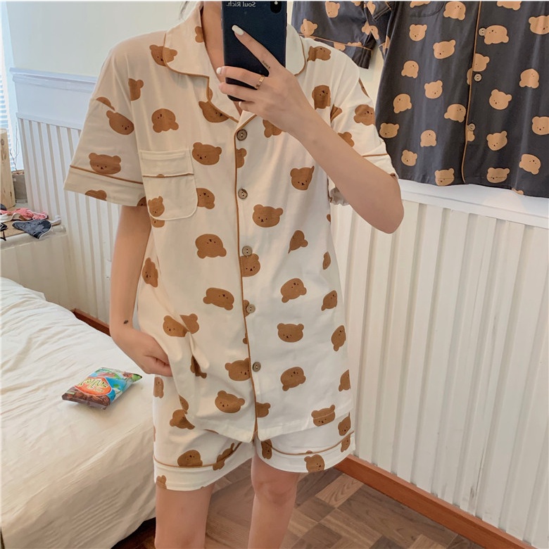 Bộ Đồ Ngủ Tay Ngắn / Dài Chất Liệu Cotton Phong Cách Hàn Quốc Thời Trang Cho Nữ