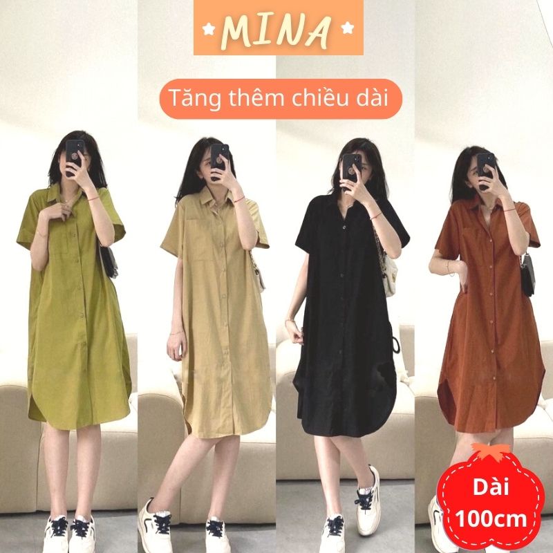 Váy sơ mi dáng dài tay ngắn cổ đức phối túi ngực vạt bầu dáng suông chất liệu đũi