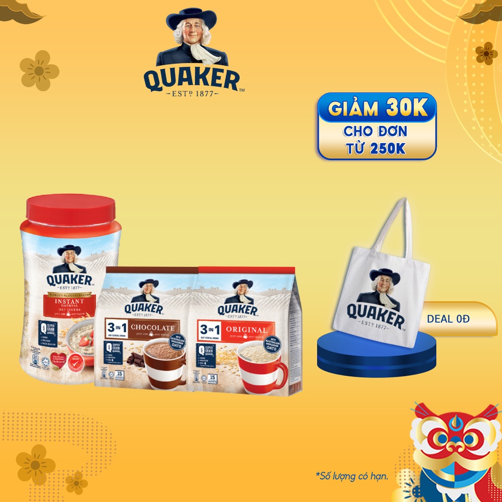 Combo : 1 Yến mạch Quaker hũ 600g + 2 túi Thức uống Yến mạch Quaker 3in1 vi Sô Cô La 420G &amp; Truyền Thống 420G