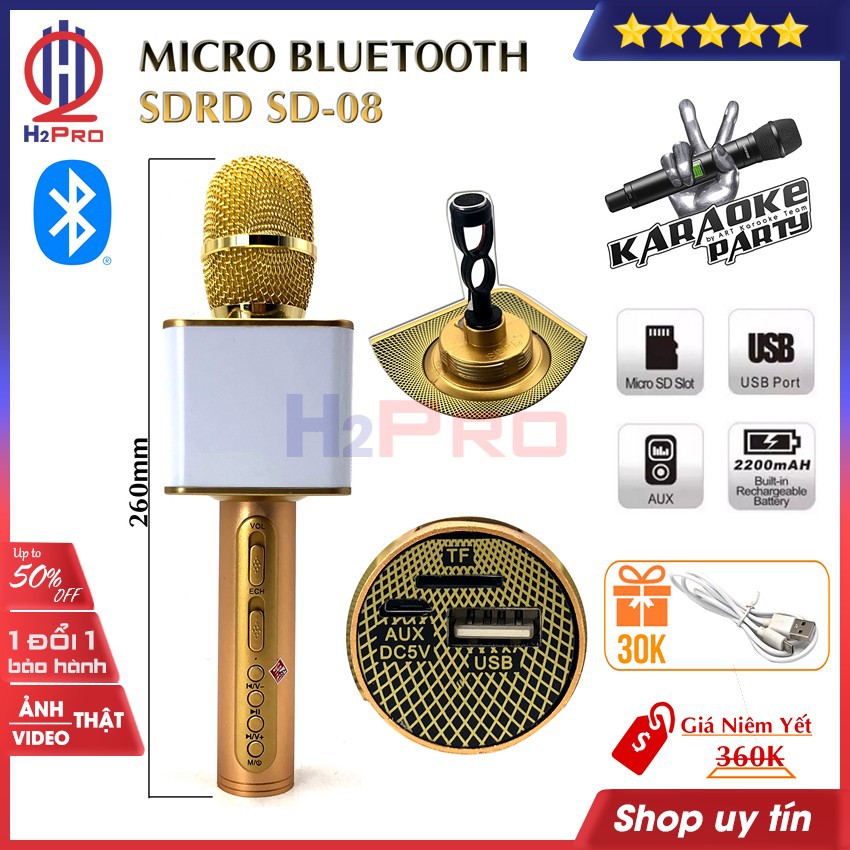 Micro bluetooth karaoke SDRD SD-08 H2Pro cao cấp USB-TF-AUX-pin khoẻ, hút tiếng, không rú rít (tặng 1 dây sạc 30k)