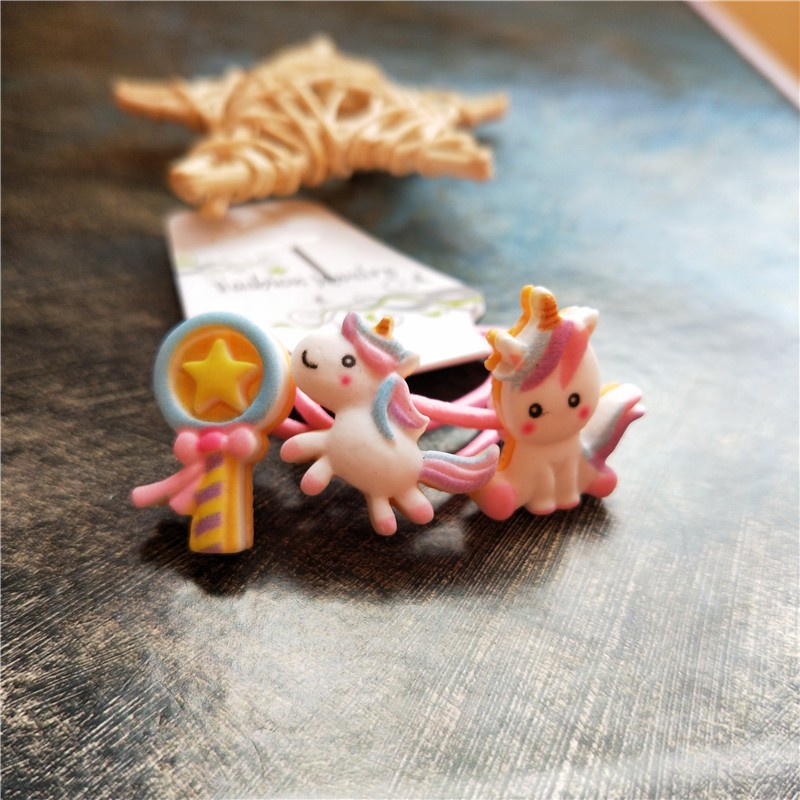 Set 3 dây buộc tóc co giãn hình kỳ lân / cầu vồng / đám mây / hoạt hình xinh xắn đáng yêu cho bé