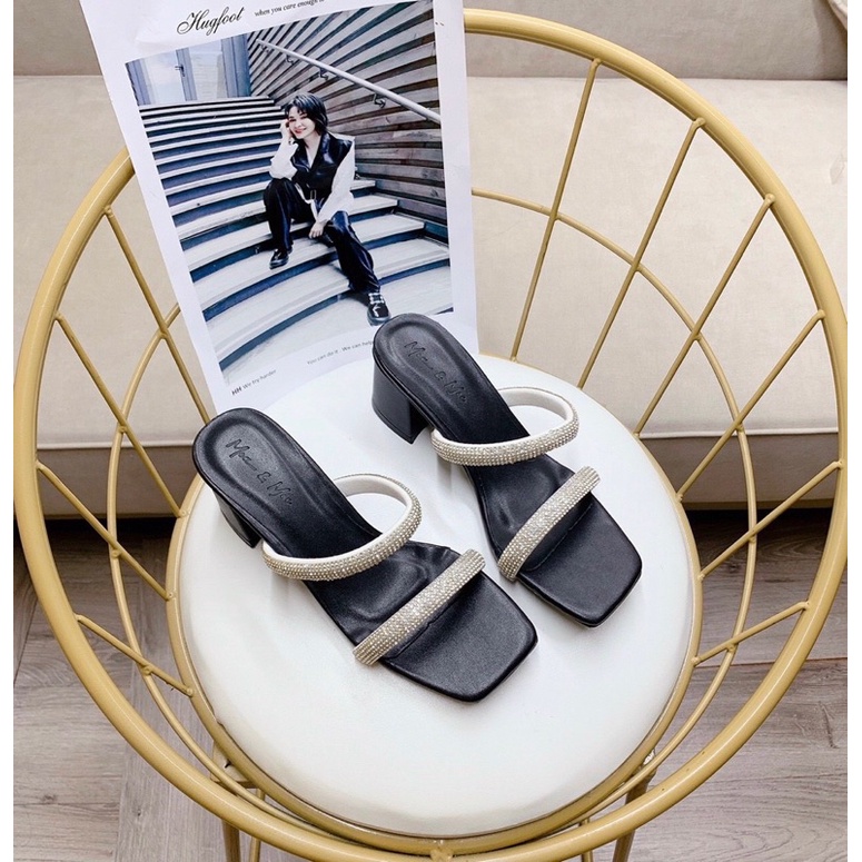 Dép cao gót 2 quai đá to gót vuông da lì 6p chắc chân sang xịn