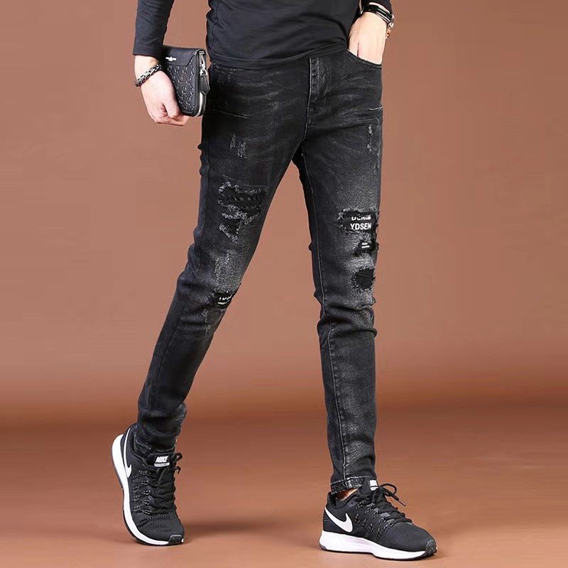 Quần Jeans Đen Rách Gối Phong Cách Hàn Quốc Dễ Phối Đồ Cho Nam