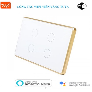 Công Tắc Wifi Tuya Viền Vàng, Công Tắc Thông Minh, Công Tắc Tuya 4 Nút Cảm Ứng Chữ Nhật Hẹn Giờ Điều Khiển Từ Xa Qua App