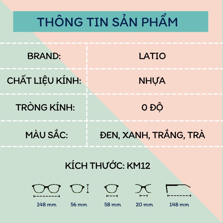 Mắt kính nữ LATIO kính thời trang 0 độ với thiết kế gọng vuông trong suốt siêu đẹp phù hợp với nhiều khuôn mặt - KM12