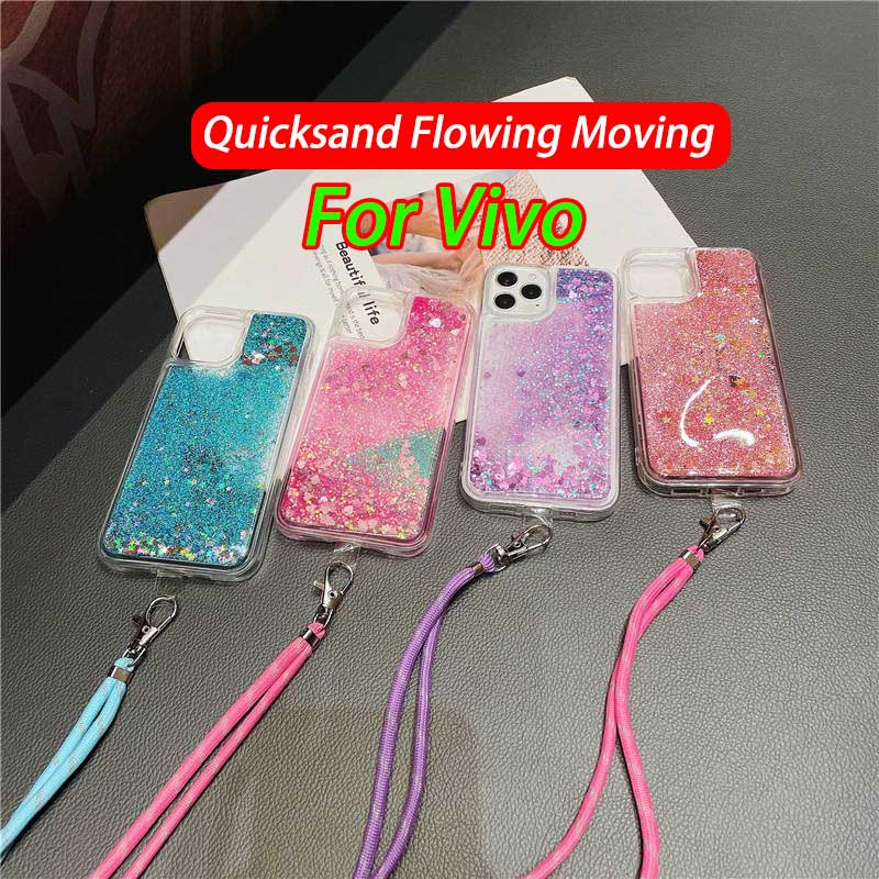 Moving Liquid Quicksand Case Vivo Y20 Y20S Y20i Y12s V20 SE Y17 Y12 Y15 Y91 Y91i Y93 Y95 Y91C V9 X50 S1 Pro Y19 Y11 2019 With Lanyard Strap Casing Bling Glitter Silicone Cover