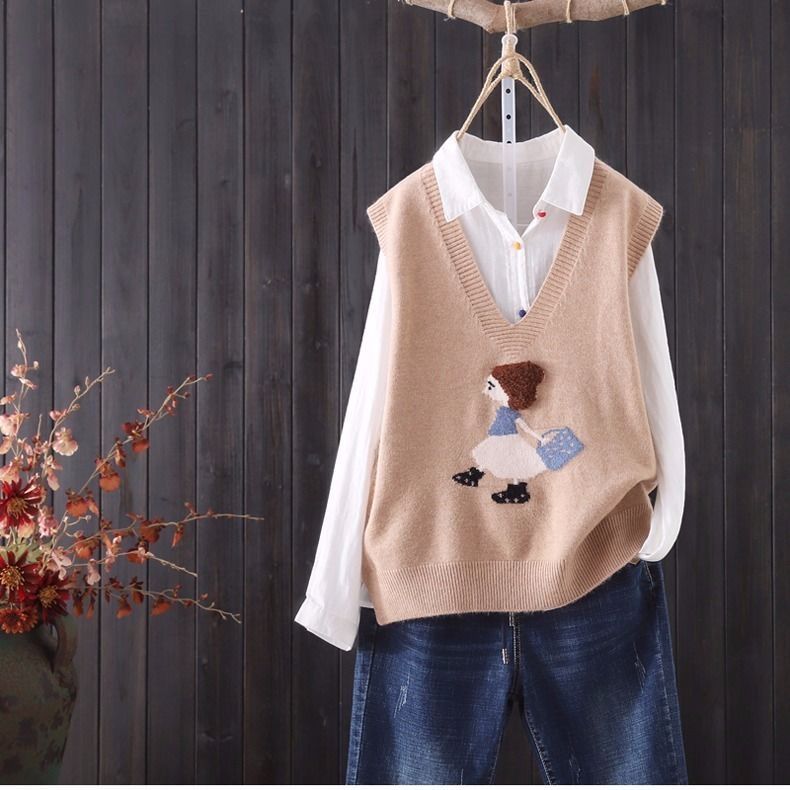 Áo dệt kim sát nách cổ V thêu họa tiết xinh xắn kiểu Hàn Quốc thời trang độc đáo cho nữ