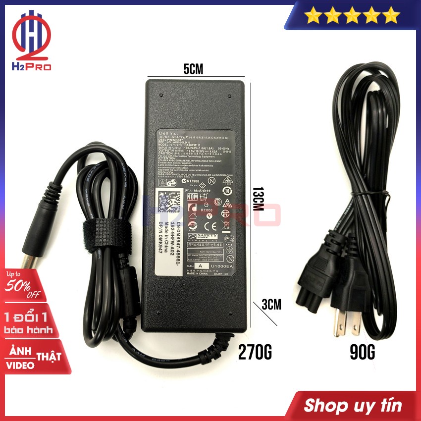 Sạc Laptop Dell 19.5V 4.62A H2Pro 2021 Chân Kim To hàng hãng E6420 E6520 3442 3443 3543(Quà 50k, dây nguồn dài 140cm)