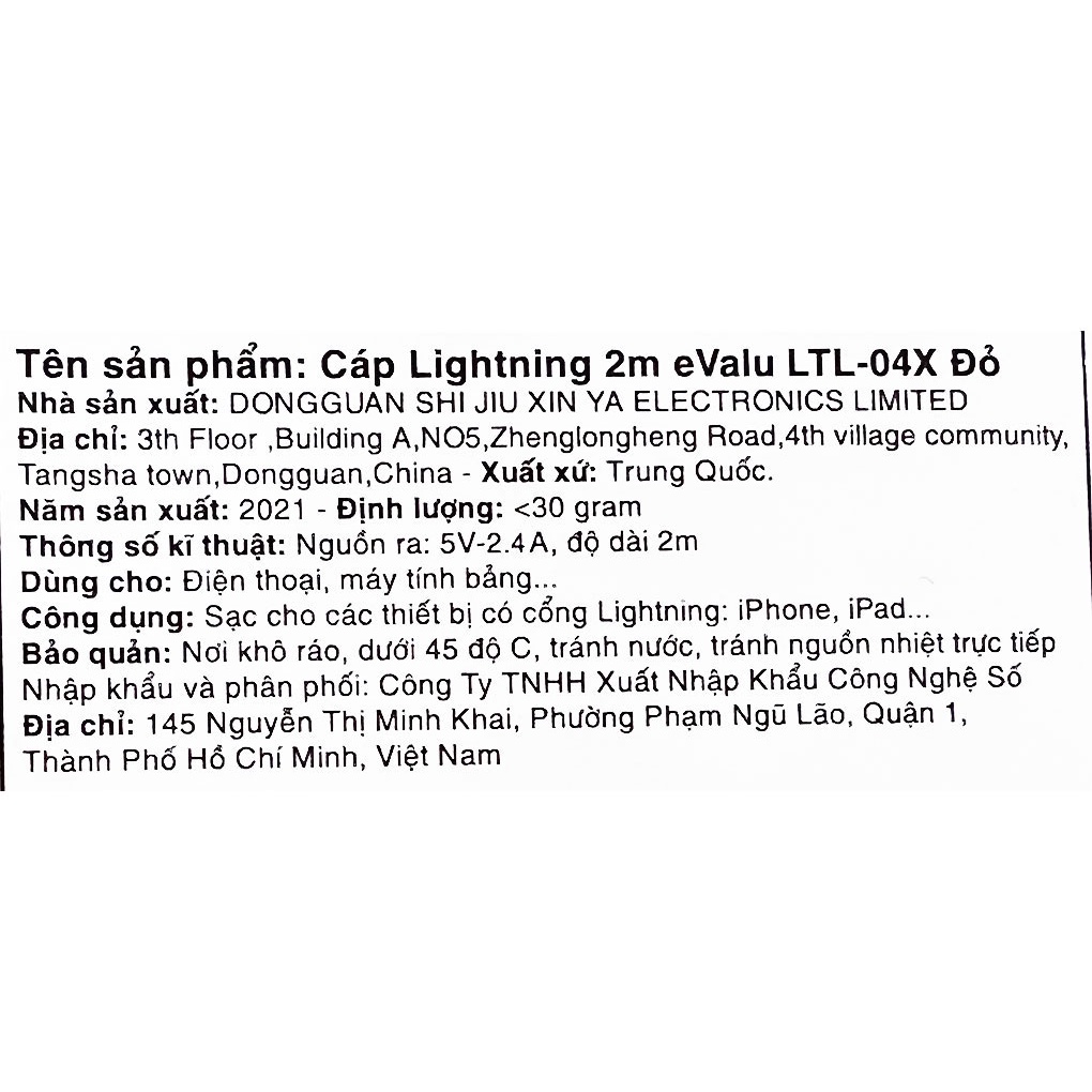 Cáp Lightning 2m eValu LTL-04X
