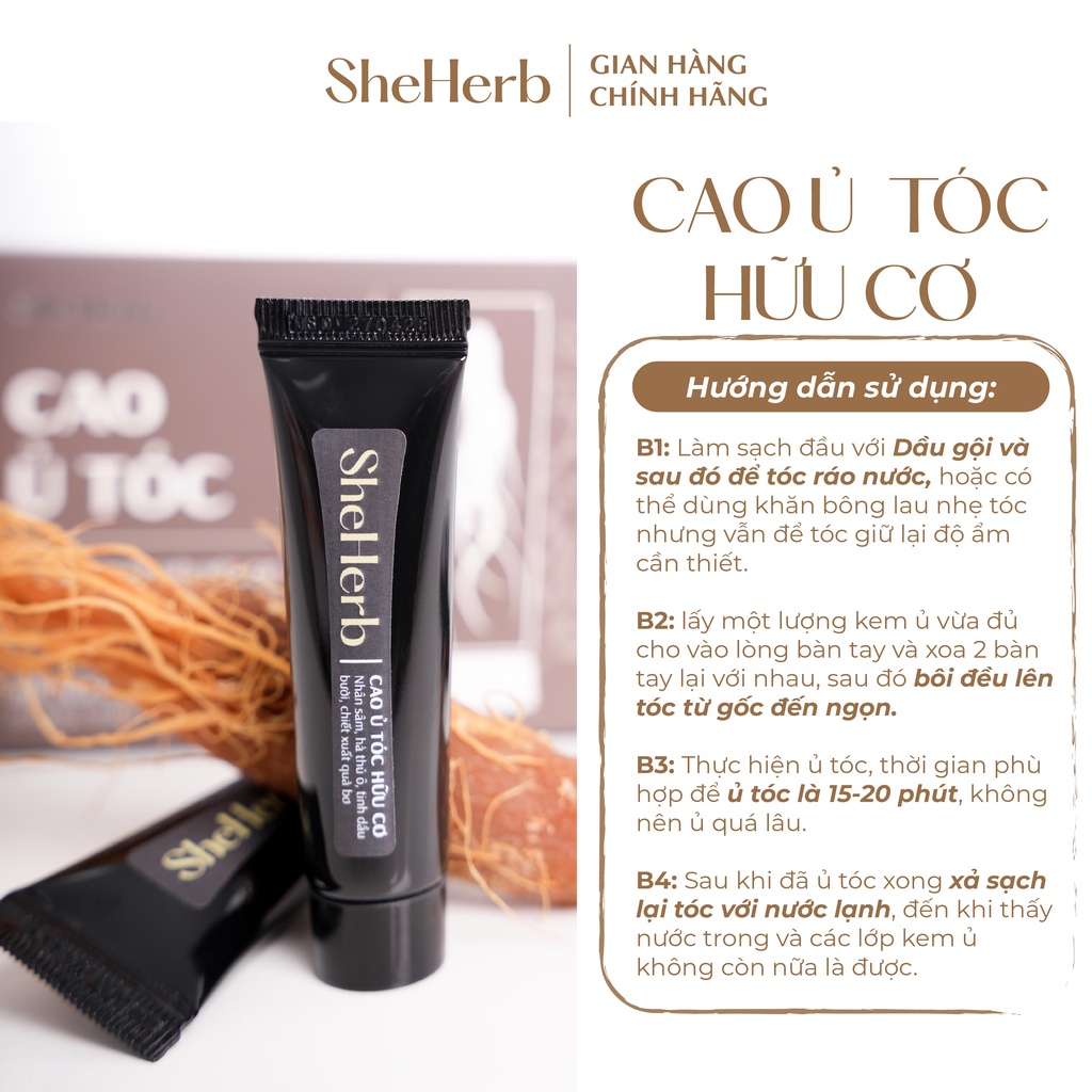 Cao Ủ Tóc Nhân Sâm Tươi Ngăn Ngừa Rụng Tóc, Phục Hồi Tóc SheHerb - Cho Tóc Mềm Mượt, Chắc Khỏe Hộp 15 Tuýp x 10ml