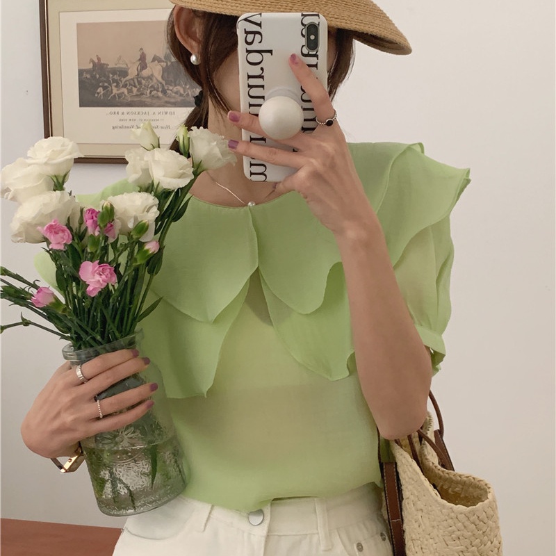 SUXI Áo Sơ Mi Tay Ngắn Dáng Rộng Cổ Bèo Màu Sắc Đơn Giản Phong Cách Hàn Quốc Thời Trang Mùa Hè