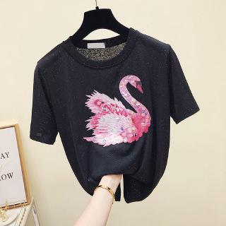 Áo Thun Tay Lỡ Dáng Rộng Màu Đen Đính Kim Sa Lấp Lánh Phong Cách Hàn Quốc Thời Trang Mùa Hè Cho Nữ