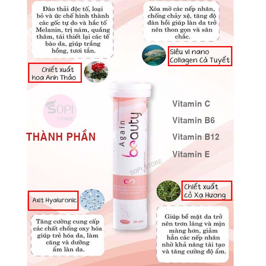 [Mua 3 tặng 1] Again Beauty viên sủi collagen chính hãng hộp 20 viên giúp trắng da, mờ nám, trẻ hoá da - Sopi Store