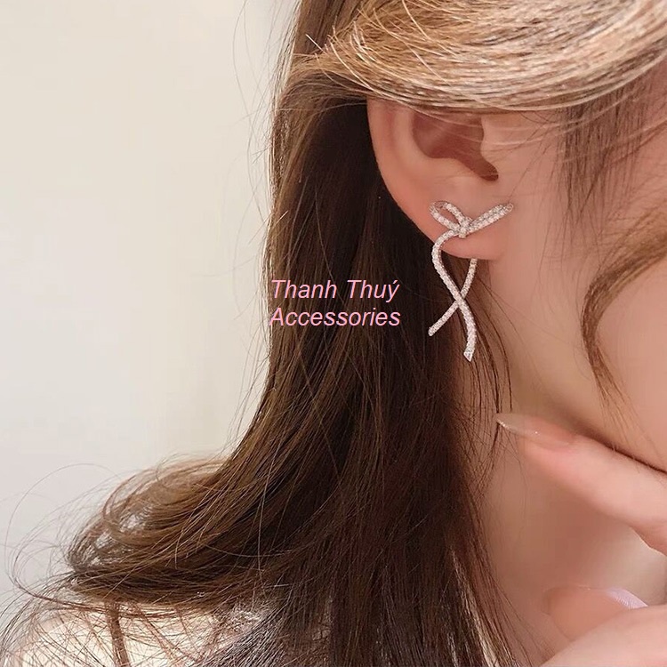 Bông tai nơ có thể tháo rời dát đá zircon mạ bạc 925 sang trọng tinh tế