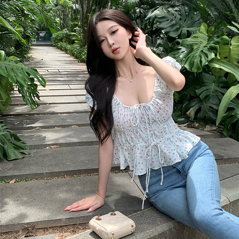 Áo Sơ Mi Tay Ngắn Cổ Vuông In Họa Tiết Hoa Thời Trang Mùa Hè Xinh Xắn Cho Nữ