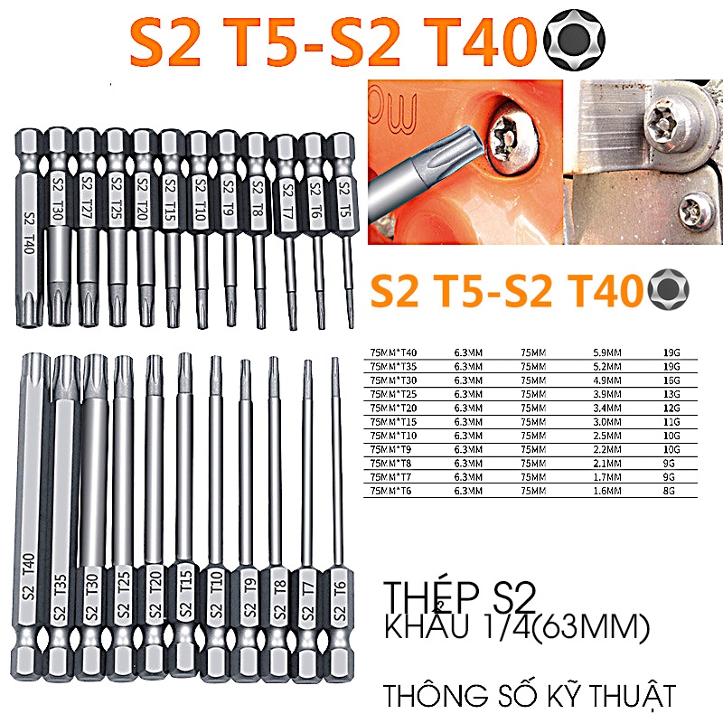 Bộ mũi vít đầu vặn hoa thị có lỗ - Size 50 và 75mm - Chất liệu thép S2 - Khẩu 63mm(1/4) - phù hợp tay cầm - máy vặn ốc.