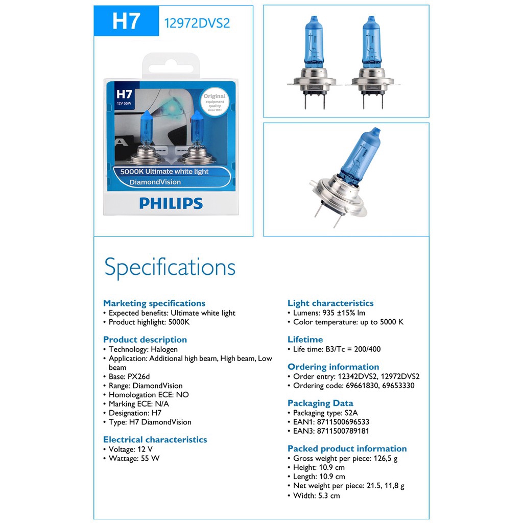 Philips Diamond Vision H1 H3 H4 H7 H8 H11 HB3 881 H27 Đèn Pha Xe Halogen 5000K Đèn Sương Mù ánh Sáng Trắng