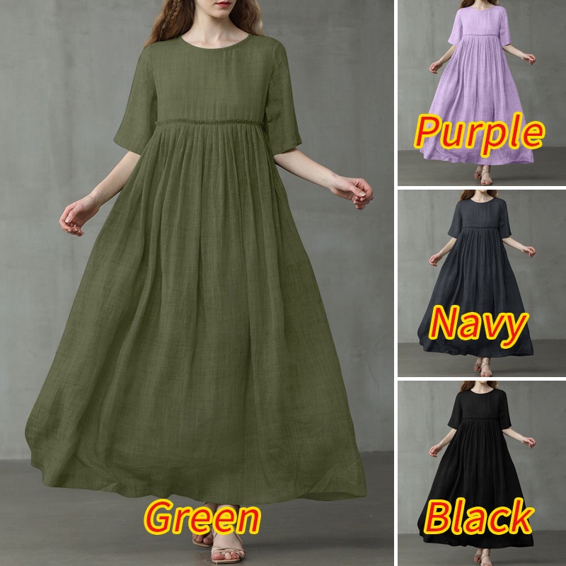 Đầm Zanzea cotton trơn tay lỡ xếp ly phong cách Mỹ cho nữ