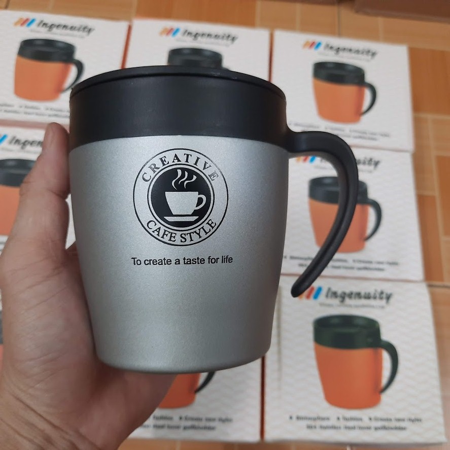 Cốc cafe giữ nhiệt bằng Inox 304 cao cấp dung tích 330ml cốc có tay cầm tặng kèm thìa inox