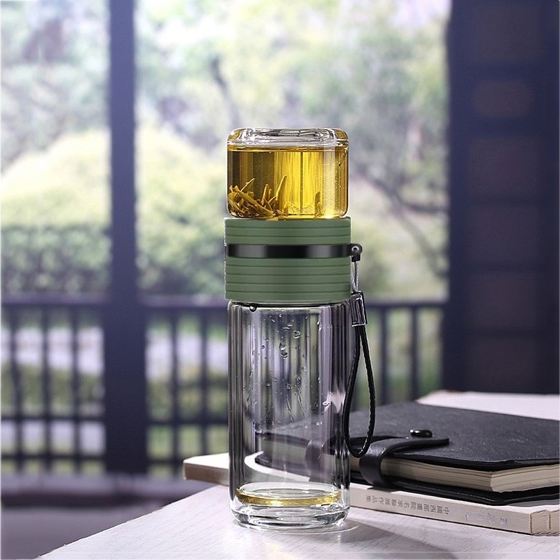 Bình lọc trà thủy tinh di động màu xanh có dây C001B 238ml - Ấm trà thủy tinh chịu nhiệt cho di chuyển Samahome shop