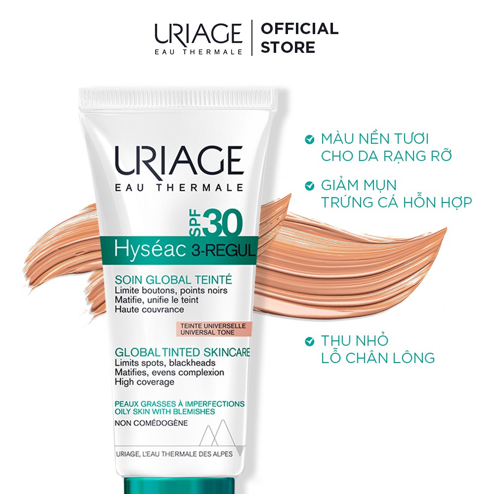 Kem ngăn ngừa mụn trứng cá hỗn hợp màu nền sáng URIAGE HYSÉAC 3-REGUL SOIN GLOBAL TEINTÉ SPF30 40ml