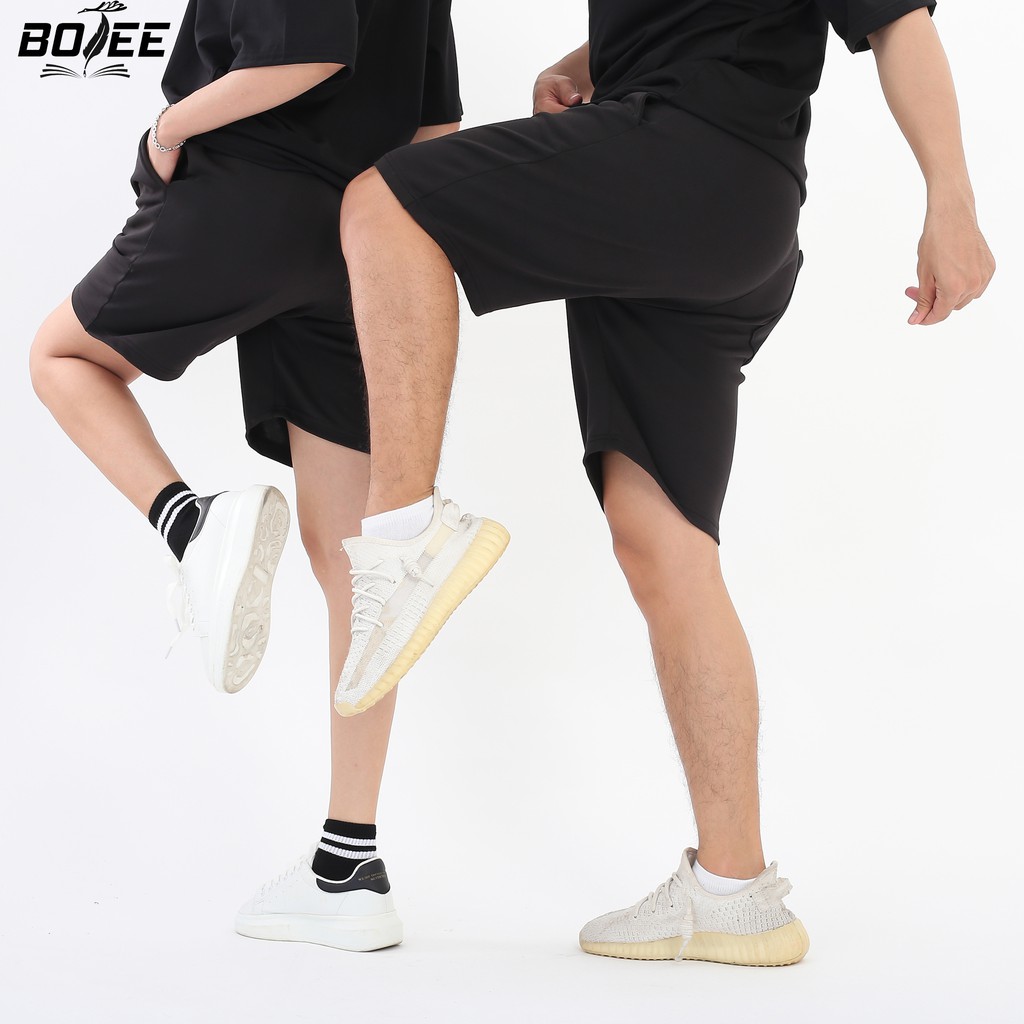 Quần short thun baisc BOTEE đen unisex nam nữ lưng thun ống rộng