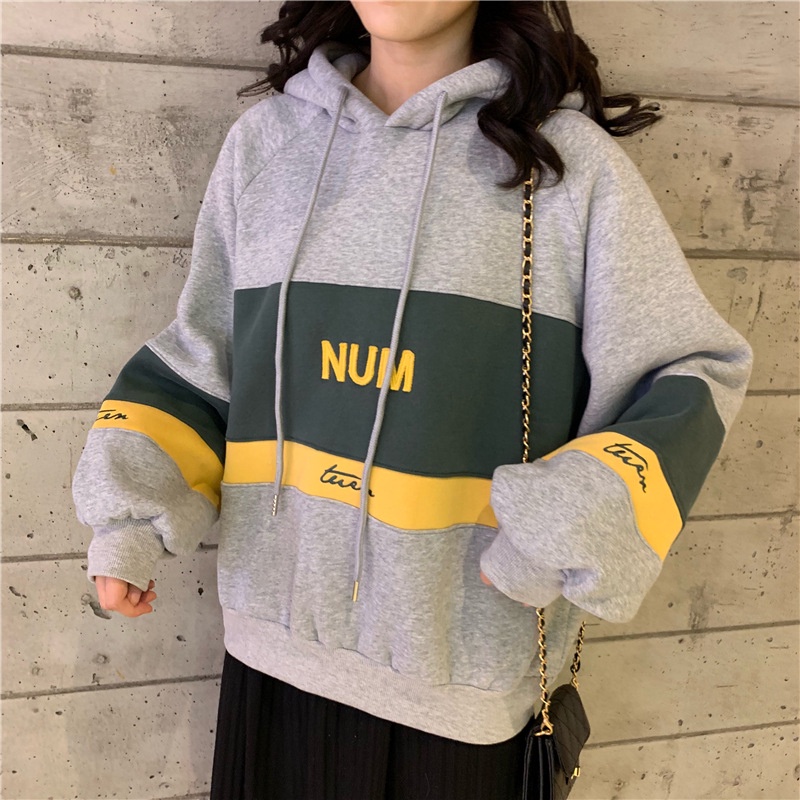 IELGY  Áo Hoodie Tay Dài Dáng Rộng Lót Nhung In Chữ Thời Trang Cho Nữ