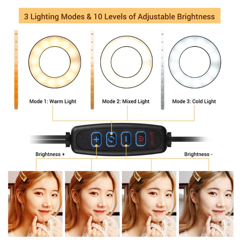 Vòng Đèn LED zzz 3.5 &quot;3 Chế Độ Sáng Kèm Giá Đỡ Ba Chân + 3 Giá Đỡ Điện Thoại + 3 Chế Độ Chiếu Sáng Trang Điểm