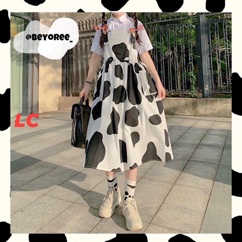 Váy Yếm Bò Sữa Dáng Dài PEONYB Nữ [FREESHIP] 🌸 Đầm midi 2 dây xòe phối dây nơ, thun loang màu trắng đen Ulzzang HOT 🌸 | BigBuy360 - bigbuy360.vn