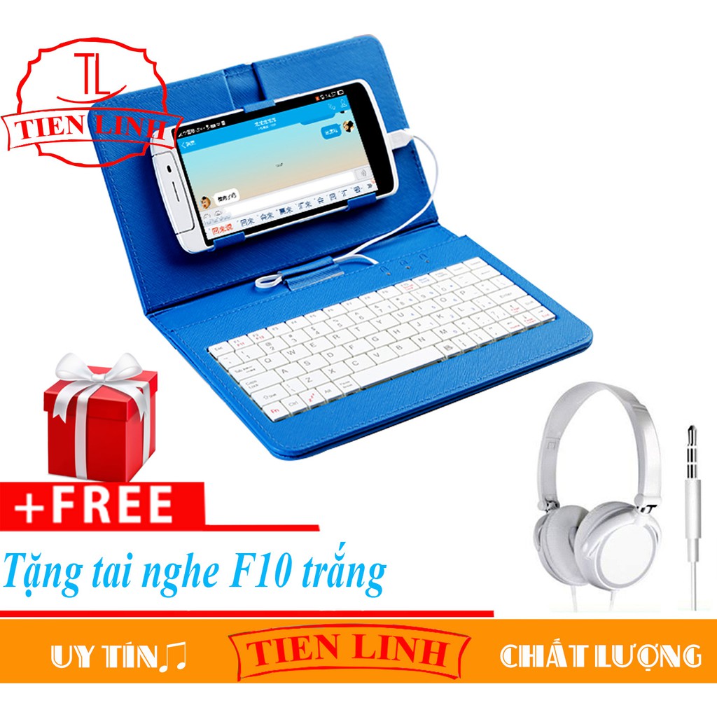 Bao da tích hợp bàn phím điện thoại/ máy tính bảng MÀU XANH cho hệ điều hành android 4 đến 8 inch + tai nghe chụp