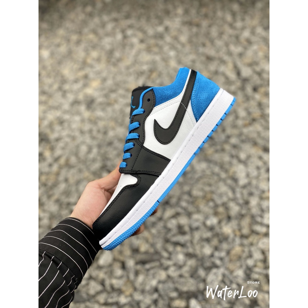 (FREESHIP+HỘP+QUÀ) Giày Thể Thao AIR JORDAN 1 Low Laser Blue (GS) đen Trắng Gót Xanh Dương Cổ Thấp