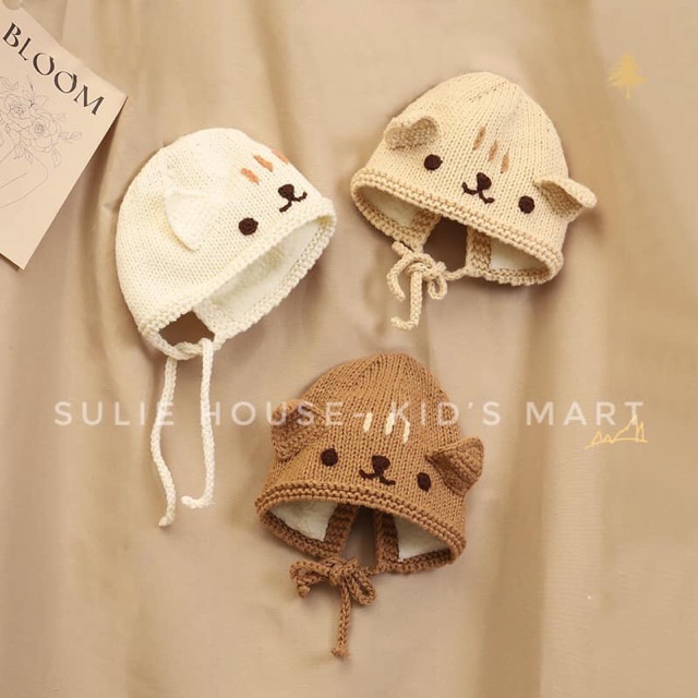 Mũ len tai mèo có dây buộc cho bé 3-18m MU001