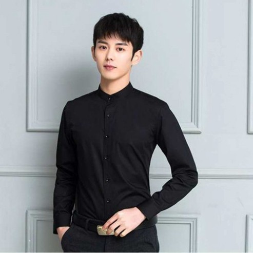 Sơ mi nam dài tay cổ tàu. Áo sơ mi cổ tàu vải lụa kiểu dáng ôm body slimfit