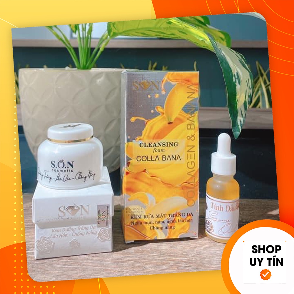 Combo Kem Face S.O.N Màu Trắng Dưỡng Trắng Da + Serum Tinh Chất Mè Hoa Hồng + Sữa Rủa Mặt Collagen Chuối Mỹ Phẩm S.O.N