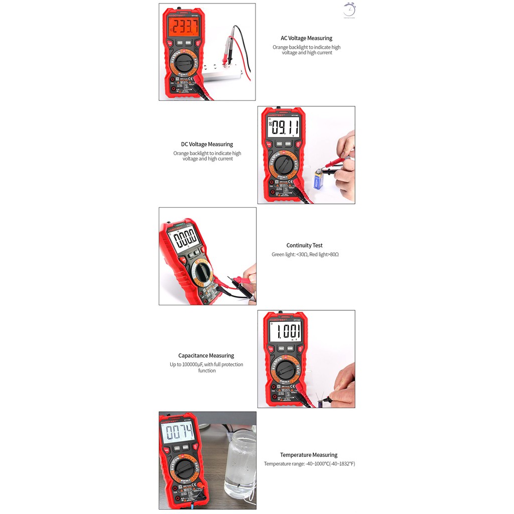 Đồng hồ vạn năng kỹ thuật số HABOTEST HT118C Phạm vi hướng dẫn sử dụng Đồng hồ đa năng 6000 Đếm RMS thực Đo Điện áp AC / DC Điện trở Điện dung Tần số Nhiệt độ NCV Kiểm tra Diode Kiểm tra pin với Đèn pin nền LCD♠