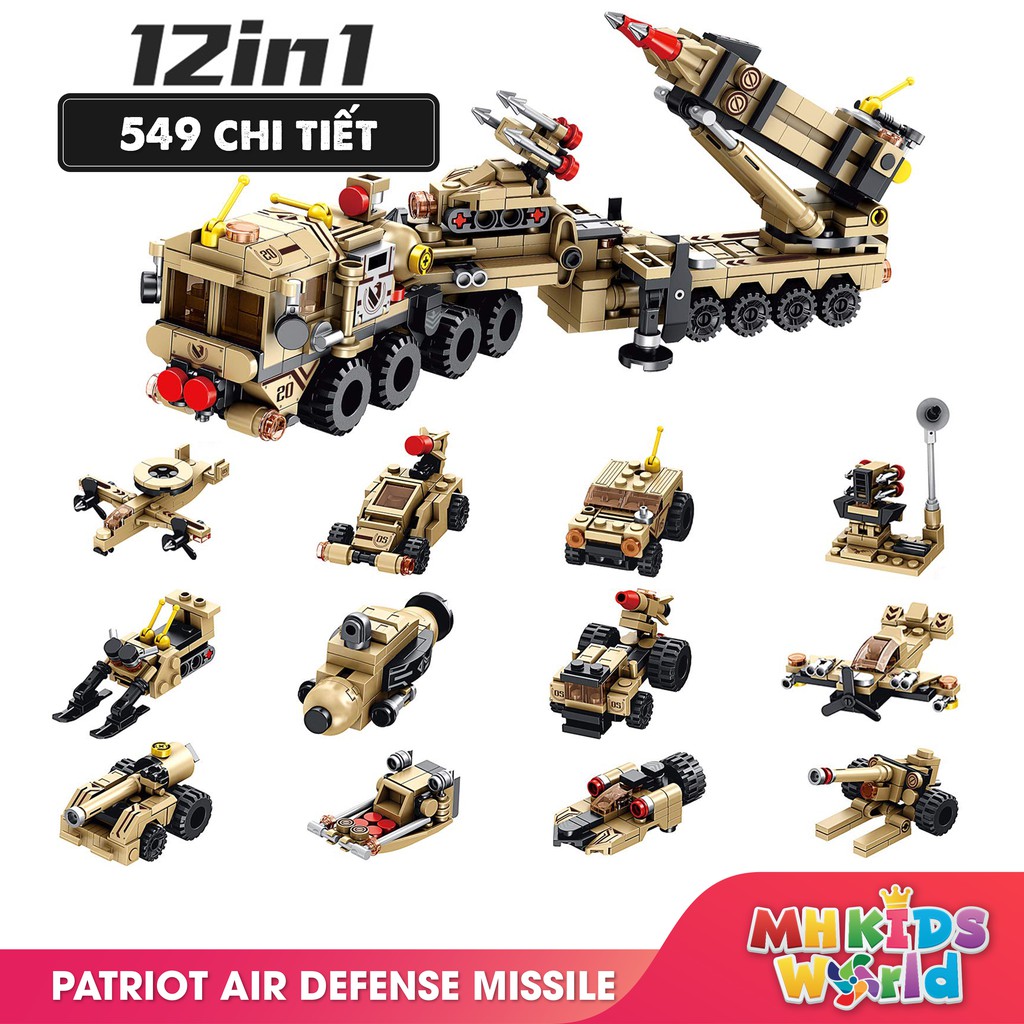 Bộ lắp ghép kiểu LEGO 12 in 1 mô hình PATRIOT Air Defense Missile, bộ ghép hình cho trẻ phát triển tính sáng tạo