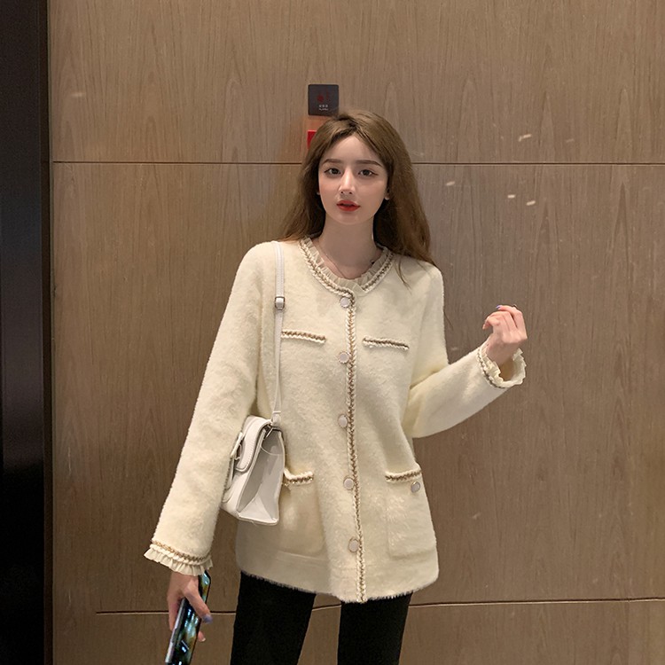 Áo khoác cardigan len lông mềm mịn cổ phối voan viền ánh nhũ lấp lánh Hàn Quốc cao cấp sang chảnh