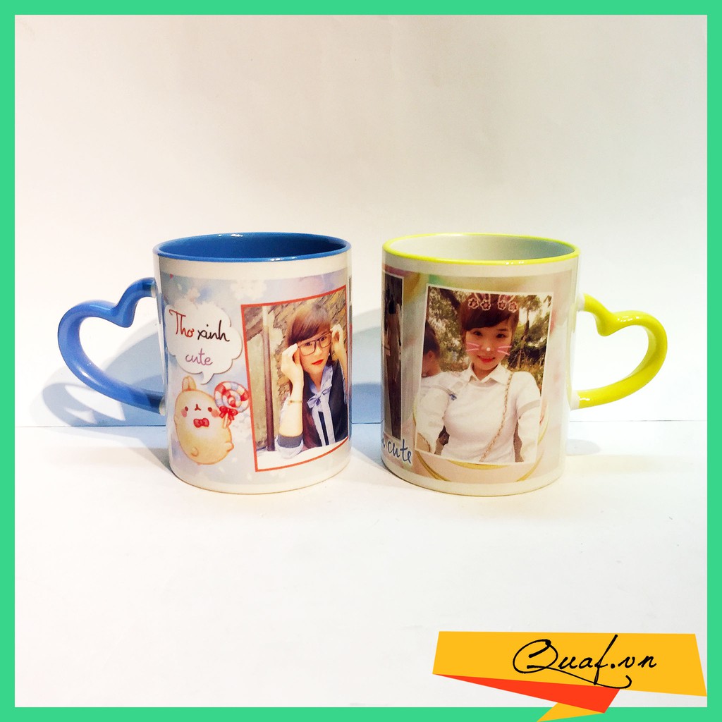 In ảnh lên cốc sứ quai tim viền màu