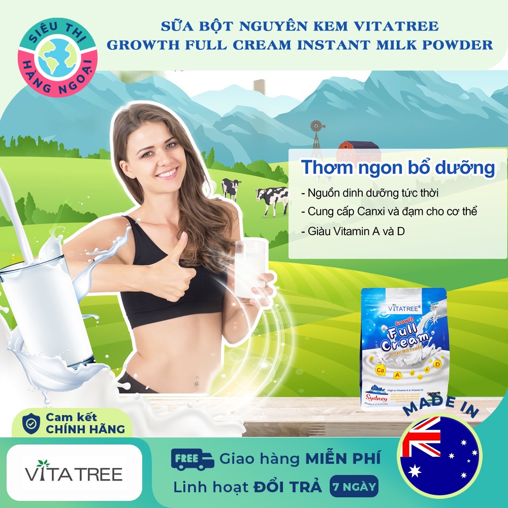 Sữa bột nguyên kem Vitatree từ Úc Growth Full Cream Instant Milk Powder 1kg Date 05/2023