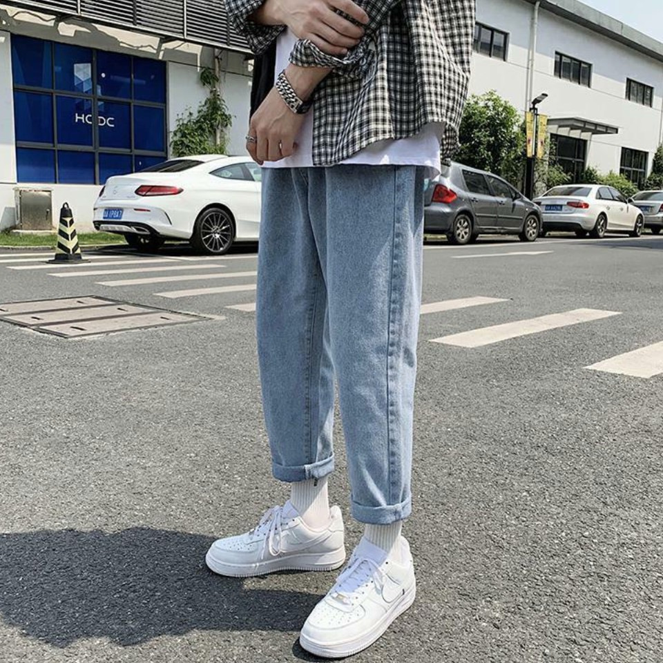 [Tiền Nào Của Đấy]Quần Jean Baggy Nam Ống Rộng Màu Xanh Đậm Trơn Không Phai Màu Form Baggy-B03