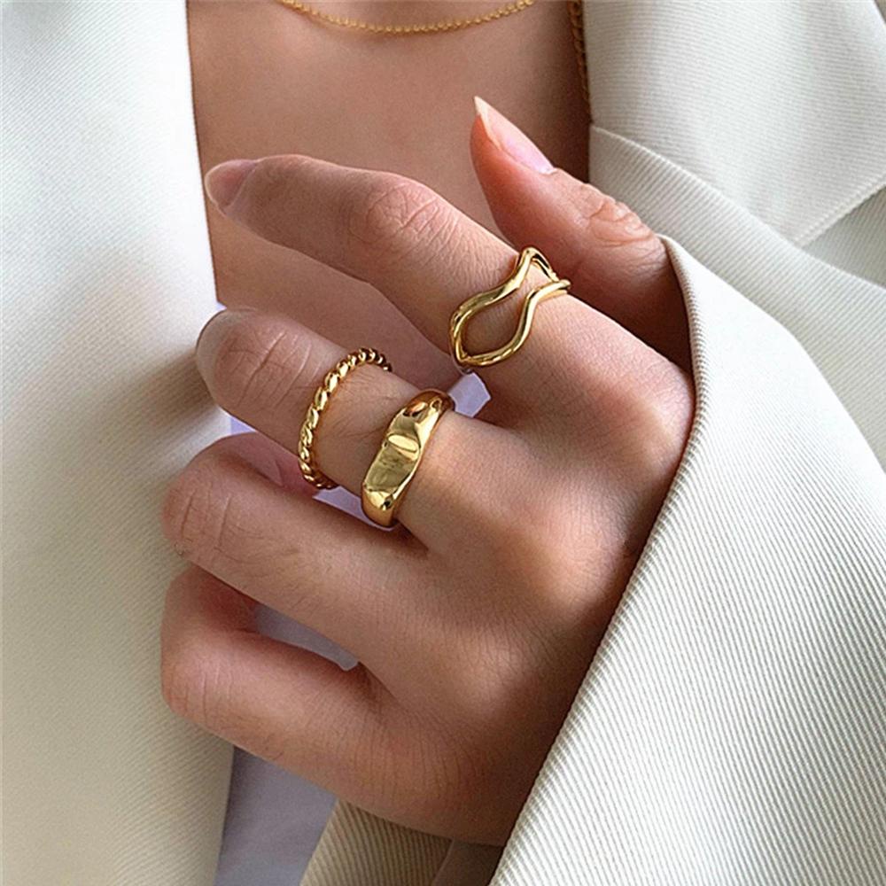 Set 3 Nhẫn Hàn Quốc Đính Đá Thời Trang|Khuyên Tai Dạng Xoắn Bằng Kim Loại Nhiều Màu Sắc Thời Trang